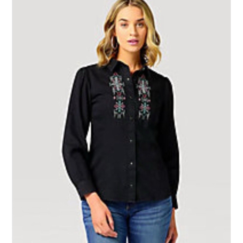 WRANGLER‎ Retro Punchy Embroidered Black Cowgirl Denim Shirt Womens Small